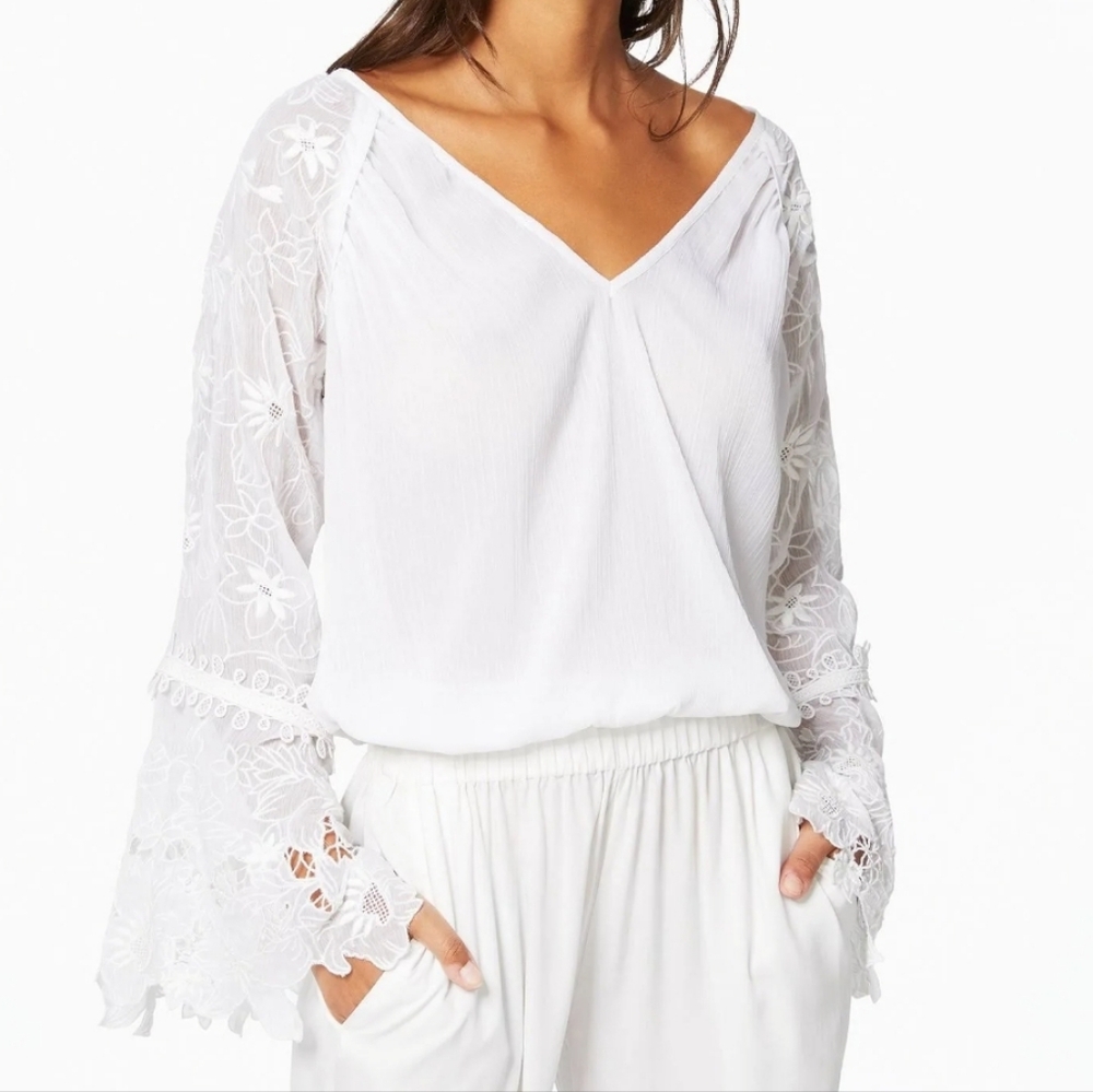 Ramy Brook• Crysta Embroidered White Floral Lace Bell Sleeve Women's Top. Sz XS